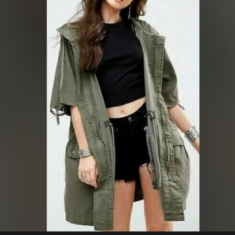 Free People Army Jacket Hooded Short Sleeve